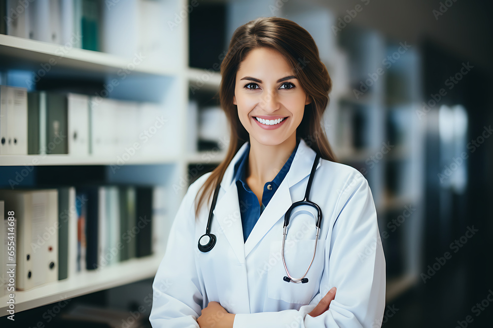 A young female doctor in a white coat and with a stethoscope stands with crossed arms, smiles and looks at the camera A young female doctor in a white coat and with a stethoscope stands with crossed arms, smiles and looks at the camera