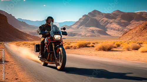 Motorcyclist speeding down the road in the desert