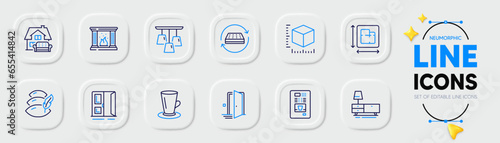 Fireplace, Package size and Coffee vending line icons for web app. Pack of Pillow, Open door, Teacup pictogram icons. Dresser, Floor plan, Furniture moving signs. Mattress, Door, Ceiling lamp. Vector