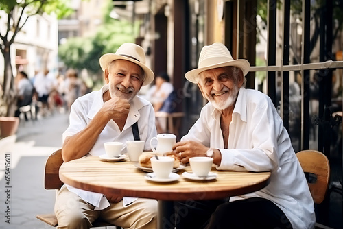 Two elderly men are sitting at a table in a street cafe in sunny weather. Men look at the camera and smile