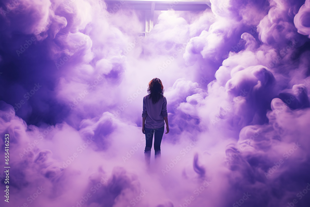 The girl stands with her back to the camera among lilac clouds. The concept of dreaming, the path to freedom, to heaven.