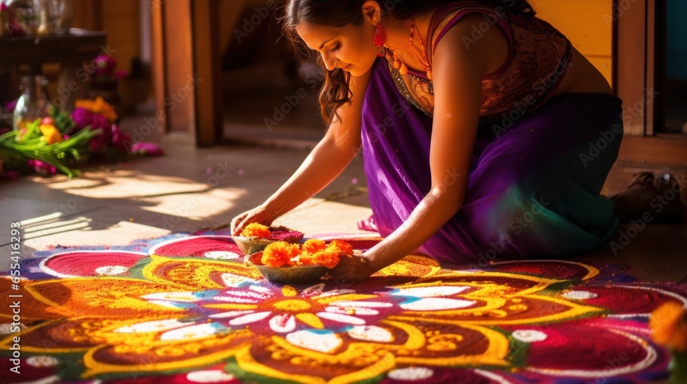 Beautiful woman carefully making rangoli at the entrances of the house from the petals - obrazy, fototapety, plakaty 