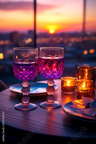 Purple glasses and candles against the backdrop of the city at sunset. A date for two. Meeting at the rooftop restaurant. Restaurant overlooking the city center. Romantic setting.