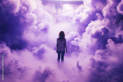 The girl stands with her back to the camera among lilac clouds. The concept of dreaming, the path to freedom, to heaven.