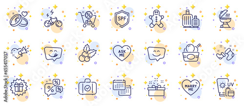 Outline set of Yummy smile, Santa boots and Smile face line icons for web app. Include Ice cream, Marry me, E-bike pictogram icons. Baggage, Carry-on baggage, Calendar signs. Vector