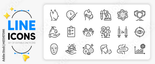 Coronavirus vaccine, Sick man and Vitamin u line icons set for app include Face biometrics, Skin care, Clean hands outline thin icon. Cough, Microscope, Shields pictogram icon. Vector