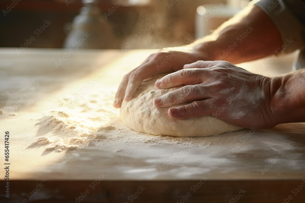 Man kneading fresh dough with white flour on a wooden table, dough preparation close-up.