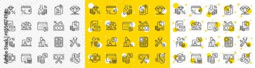 Mortgage rate, Money credit and finance payroll set. Tax line icons. Increase percent rate, return overpayment money, tax amount line icons. Jewel value, cut finance and tax evasion. Vector