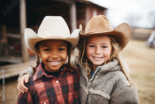 Two cowgirls of African-American and European appearance in cowboy hats look at the camera and smile photo