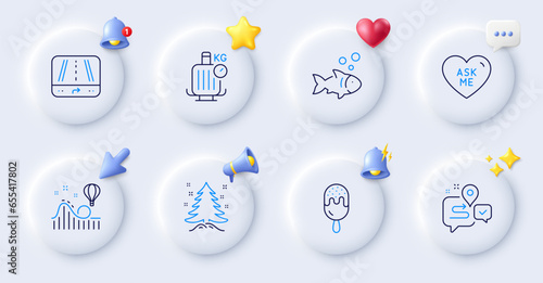Journey, Gps and Roller coaster line icons. Buttons with 3d bell, chat speech, cursor. Pack of Baggage scales, Fish, Ask me icon. Ice cream, Christmas tree pictogram. For web app, printing. Vector