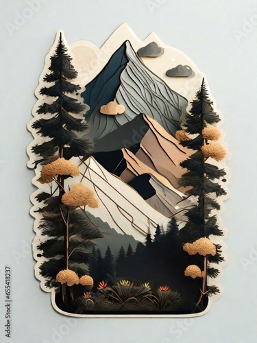 a sticker depicting a mountain and pine trees