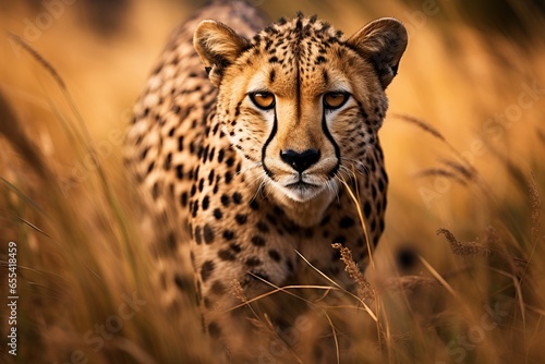 a guepard moving slowly through the grass towards the camera in african savannah photo