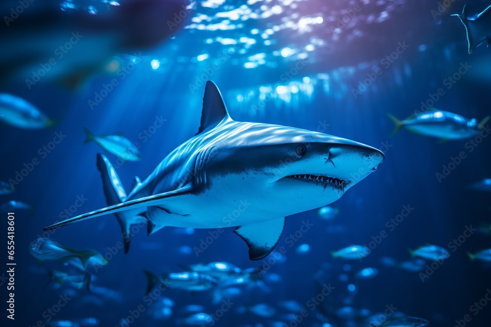 Fototapeta premium blue shark swimming underwater in the sea water