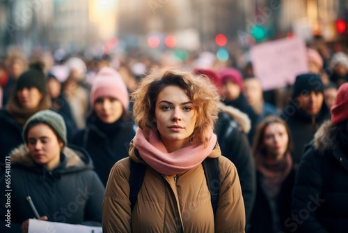 woman standing in a crowded feminist march for women's rights in March 8th