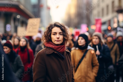 woman standing in a crowded feminist march for women's rights in March 8th