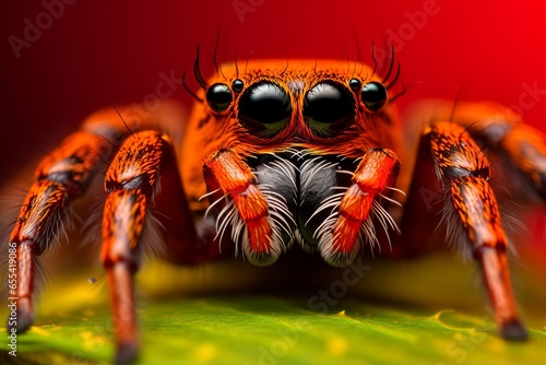 extreme macro shot of a vibrant red spider looking to camera © urdialex