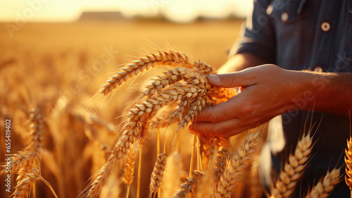 Hand and wheat close-up. Agronomic banner. A farmer checks the harvest in his field.
