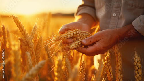 Hand and wheat close-up. Agronomic banner. A farmer checks the harvest in his field.
