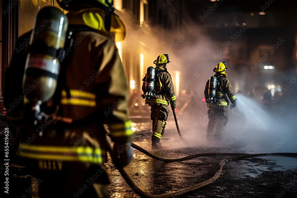 firefighters wearing protection equipment extinguishing a fire in the city centre firefighters wearing protection equipment extinguishing a fire in the city centre