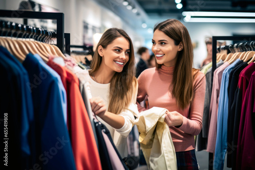 two young women shopping in cloth store