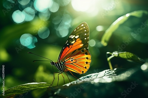 vibrant orange butterfly on a green leaf in the forest © urdialex