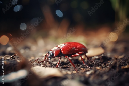 macro shot of a red beetle in the forest ground