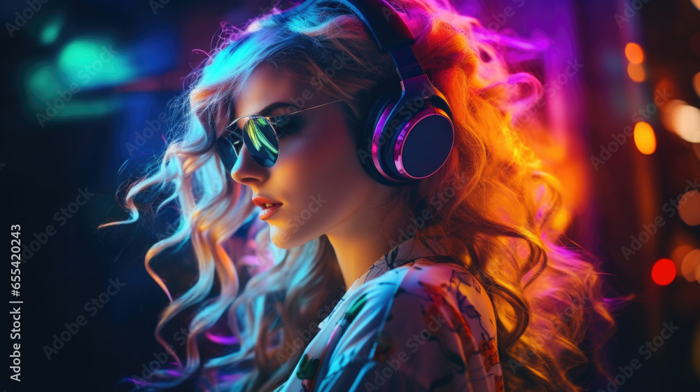 A bright multi-colored image of a woman wearing headphones in a nightclub. Modern pop music, female DJ. A bright multi-colored image of a woman wearing headphones in a nightclub. Modern pop music, female DJ.