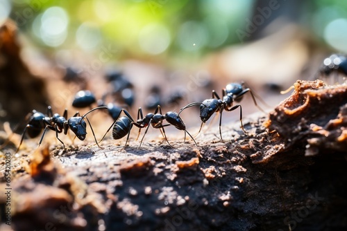macro shot of black ants marching on the forest ground 