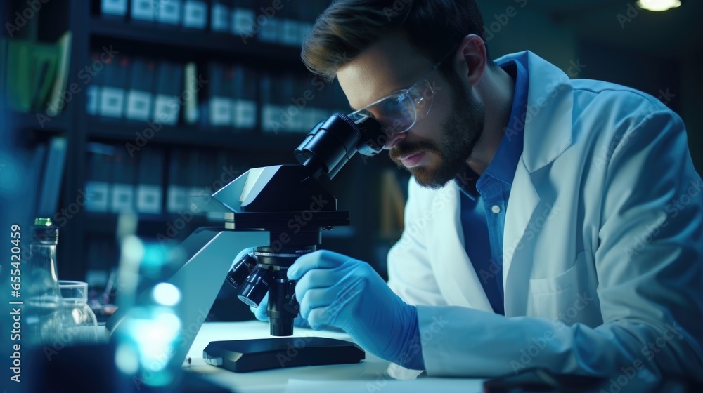 A man works in a chemical laboratory. Science, drug development, blood test processing. A man works in a chemical laboratory. Science, drug development, blood test processing.