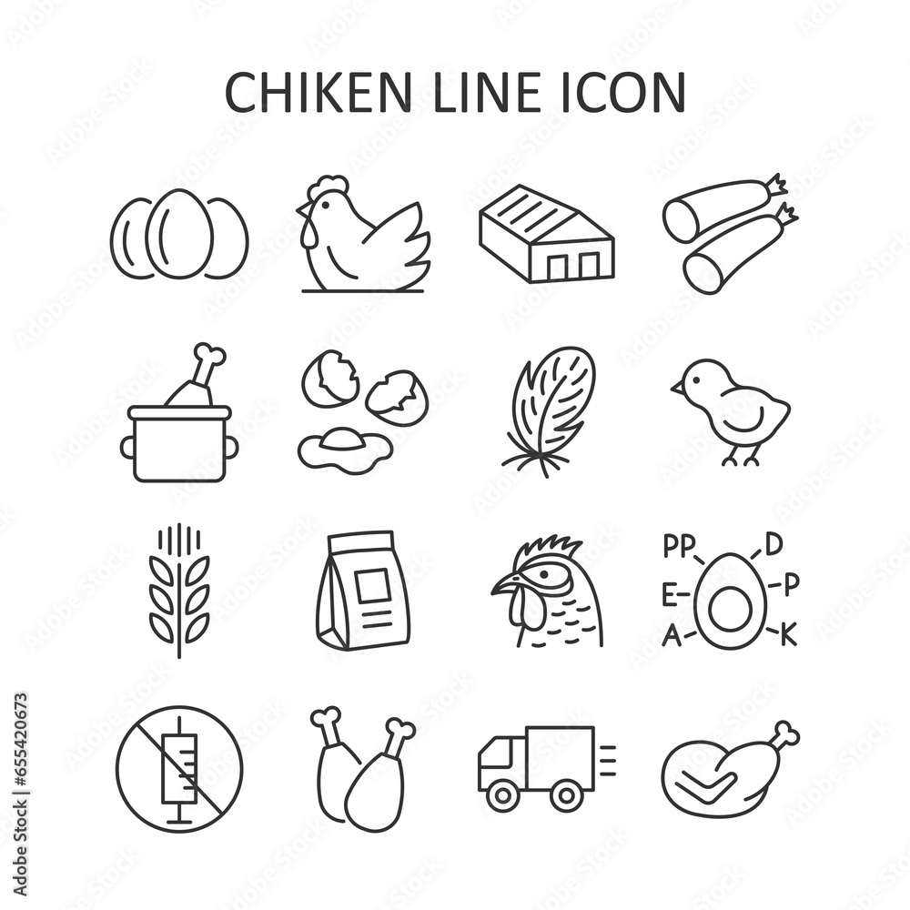 Poultry farm line icon set. Chicken, egg, feather, sausage, truck, forage line symbols. Vector illustration. - obrazy, fototapety, plakaty 
