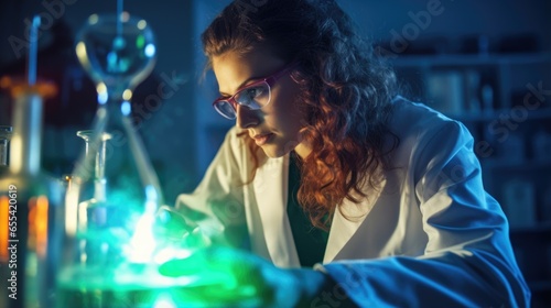 A woman works in a chemical laboratory. Science, drug development, blood test processing.