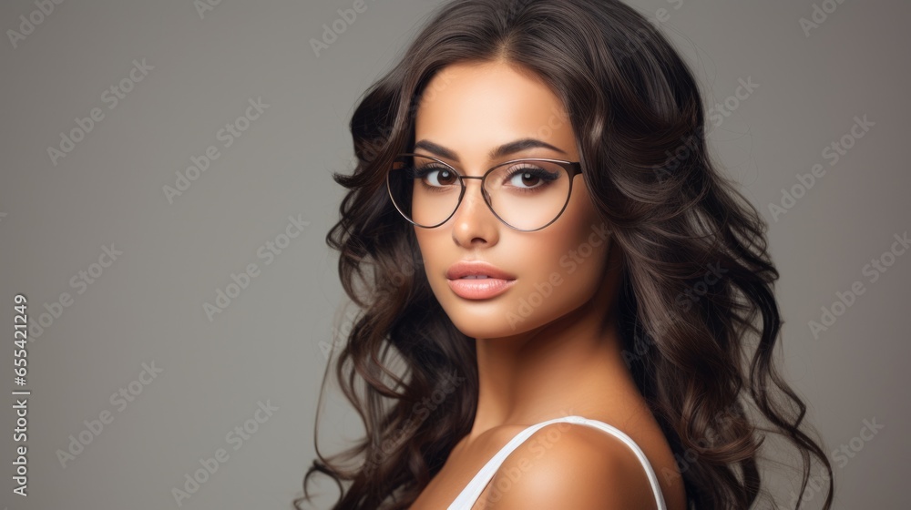A beautiful woman with long hair wears glasses. A beautiful woman with long hair wears glasses.