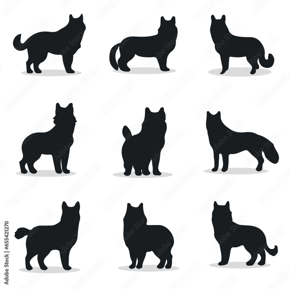 Akita silhouettes and icons. Black flat color simple elegant Akita animal vector and illustration.