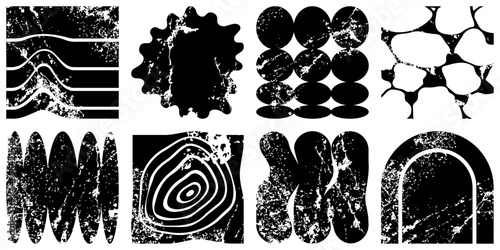 Geometric retro brutalism shapes. Graphic abstract elements with grunge texture. Vector illustration