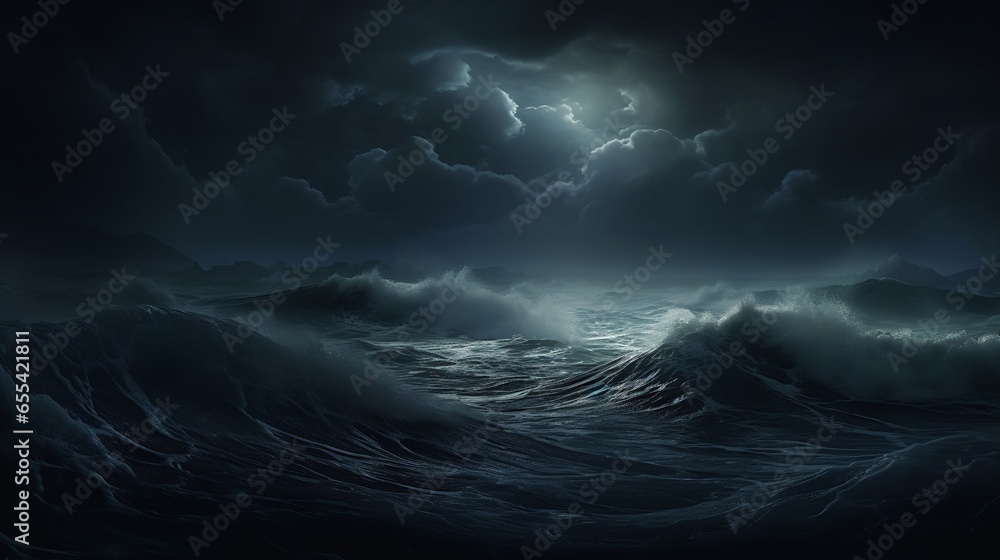 stormy night full moon clouds seas large waves background digital environment predawn real nightfall quiet face moonshine hopeless emotions - obrazy, fototapety, plakaty 