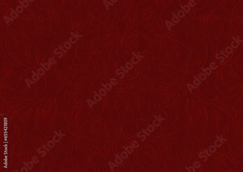 Hand-drawn unique abstract symmetrical seamless ornament. Light semi transparent red on a deep red background. Paper texture. Digital artwork, A4. (pattern: p11-1a)