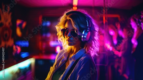 A bright multi-colored image of a woman wearing headphones in a nightclub. Modern pop music, female DJ. © Restyler