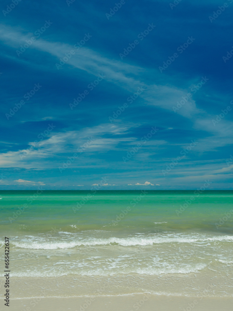 Landscape beautiful summer vertical front view tropical rock sea beach white sand clean and blue sky background calm Nature ocean wave water nobody travel at Sai Kaew Beach thailand Chonburi  day time