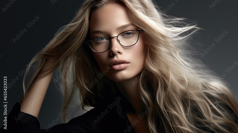 A beautiful woman with long hair wears glasses. A beautiful woman with long hair wears glasses.