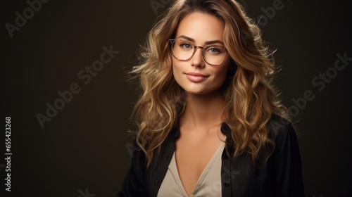 A beautiful woman with long hair wears glasses.