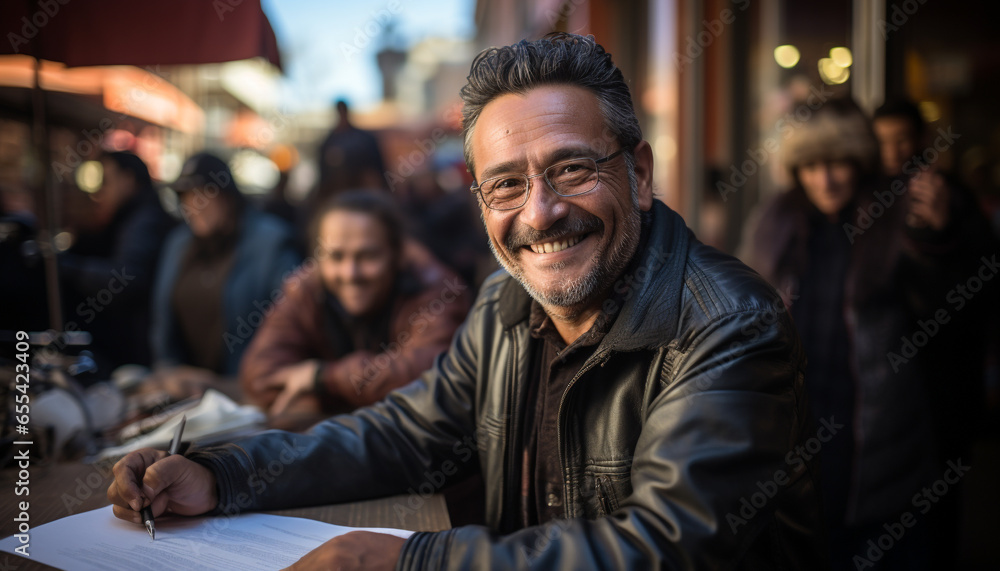 Men and women sitting together, looking at camera, smiling happily generated by AI Men and women sitting together, looking at camera, smiling happily generated by AI