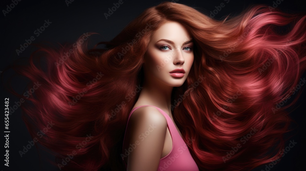 Woman with long wavy hair. Concept of hair care, hair coloring and strengthening. Feminine beauty. Woman with long wavy hair. Concept of hair care, hair coloring and strengthening. Feminine beauty.