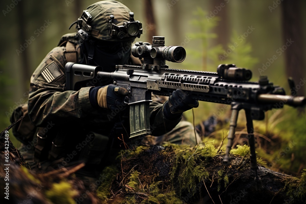 Sniper aiming from his rifle in forest Sniper aiming from his rifle in forest