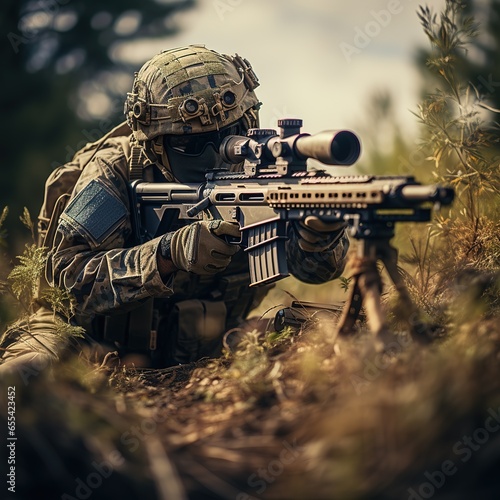 Military sniper in the jungle. Sniper mercenary with a rifle aims at the enemy. photo