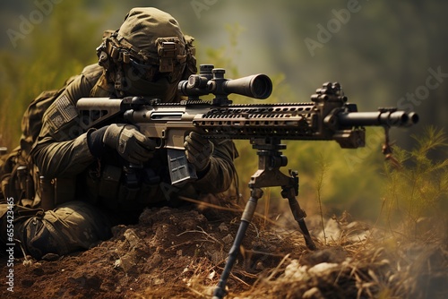 Sniper aiming from his AWM rifle in forest