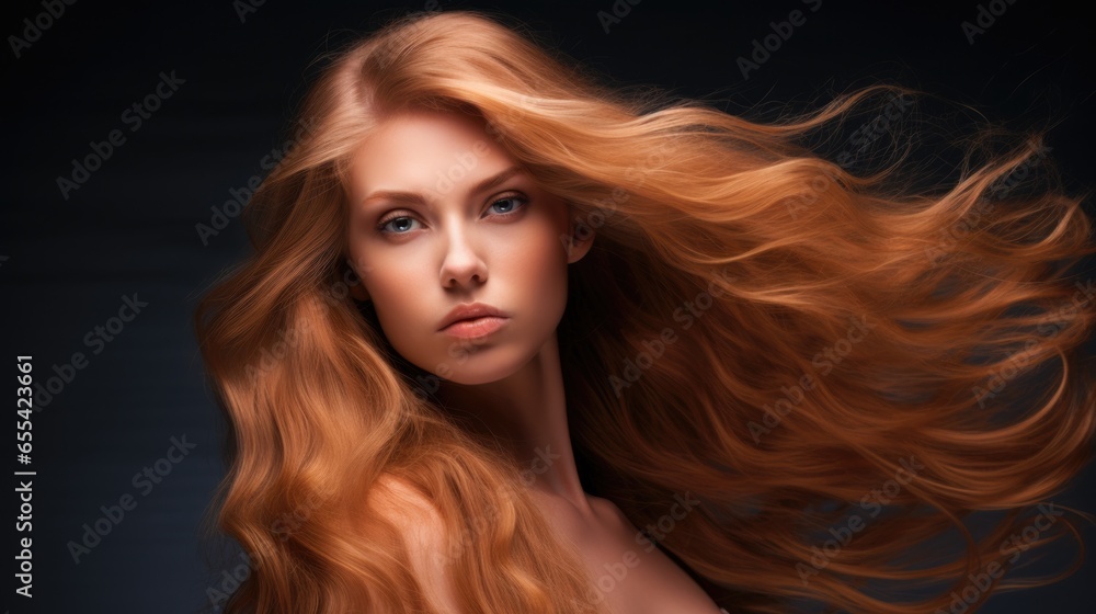 Obraz premium Woman with long wavy hair. Concept of hair care, hair coloring and strengthening. Feminine beauty.