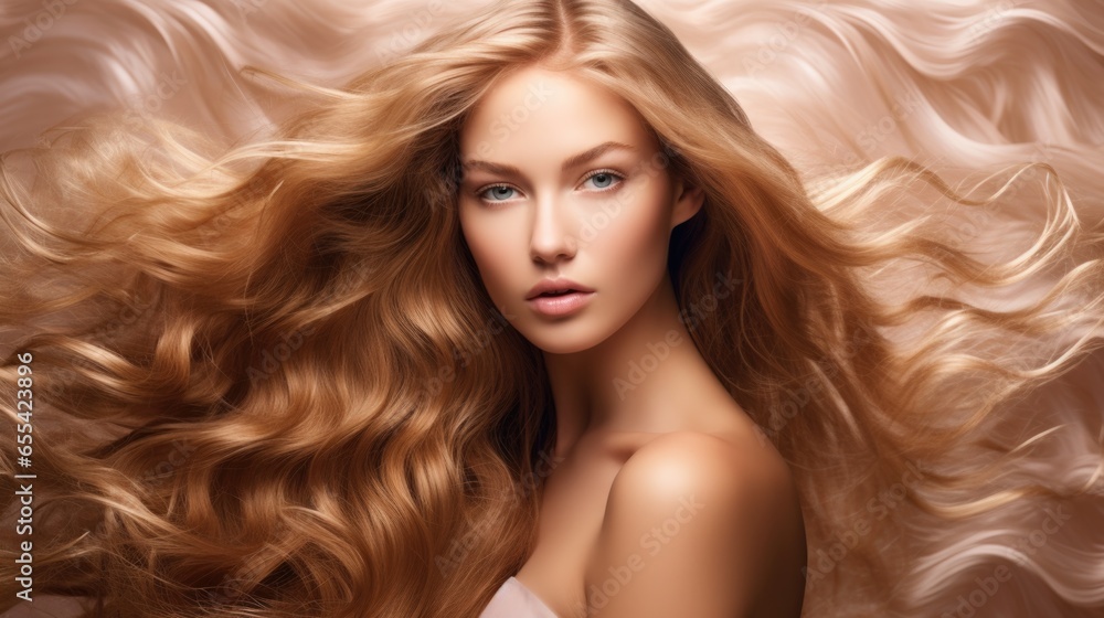 Woman with long wavy hair. Concept of hair care, hair coloring and strengthening. Feminine beauty. Woman with long wavy hair. Concept of hair care, hair coloring and strengthening. Feminine beauty.