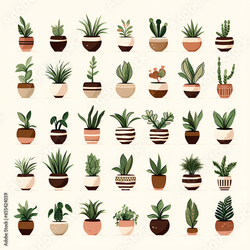 various types of house plants in a flat style.