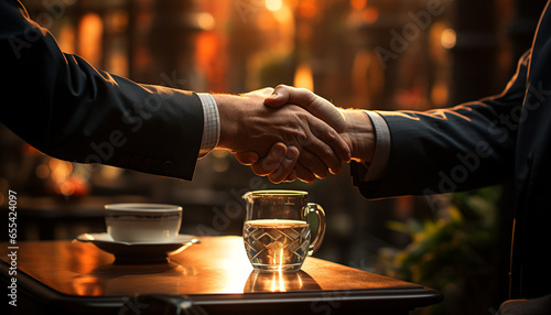 Two businessmen shaking hands over a table, celebrating their success generated by AI
