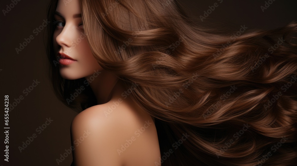 Woman with long wavy hair. Concept of hair care, hair coloring and strengthening. Feminine beauty. Woman with long wavy hair. Concept of hair care, hair coloring and strengthening. Feminine beauty.